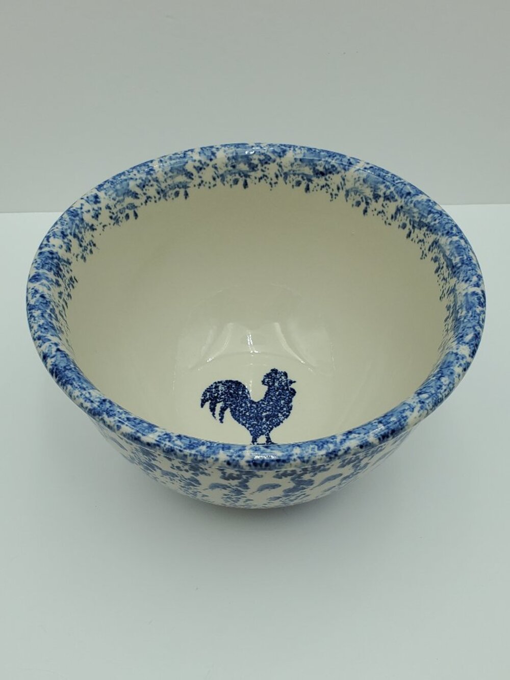 Tienshan Folk Craft Sponge Blue Rooster Mixing Bowl Blue Spongeware Serving Bowl